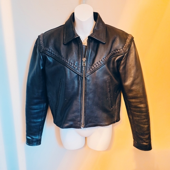Vintage Jackets & Blazers - Vintage 5 Heads Black Leather Motorcycle Jacket with Braided Detail
